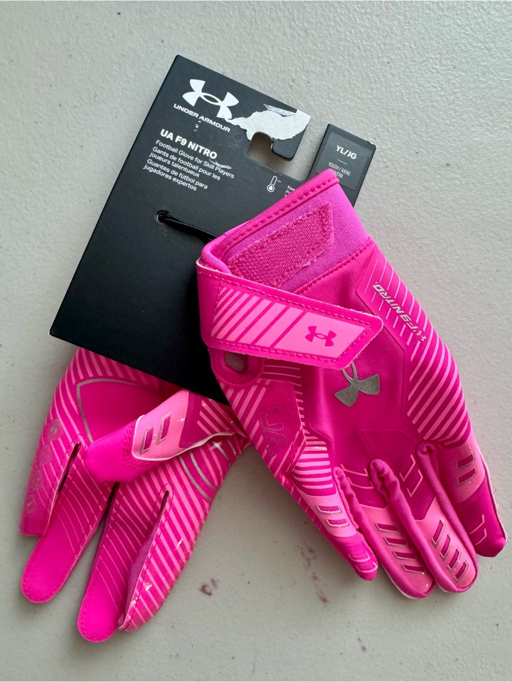Under Armour F9 Nitro Football Gloves. Youth Large. Glue Grip. Pink. NWT
